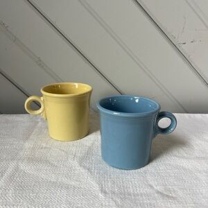 2 Vintage Fiestaware Coffee Mugs with Round Ring Handles Periwinkle & Yellow